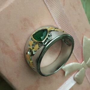 Emerald Silver Gold Statement Ring